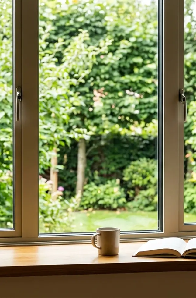 Wooden windowsill with a book and mug framed by Vitreonix windows