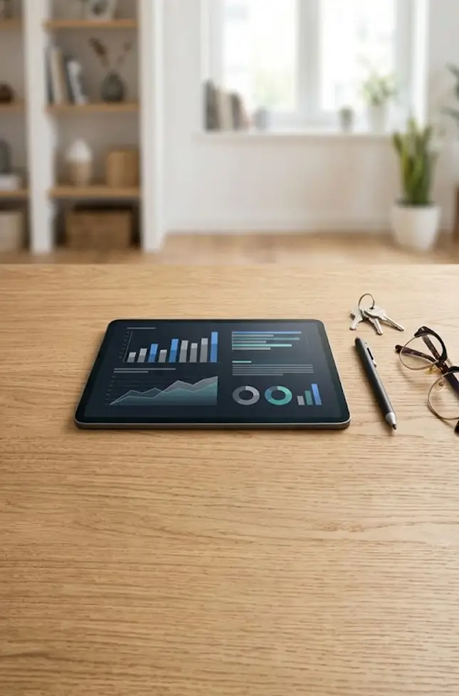 Tablet showing financial charts on a wooden desk
