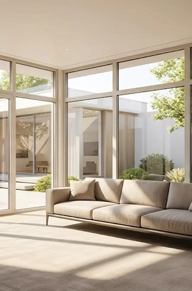 Living room with expansive Vitreonix windows overlooking a sunlit courtyard