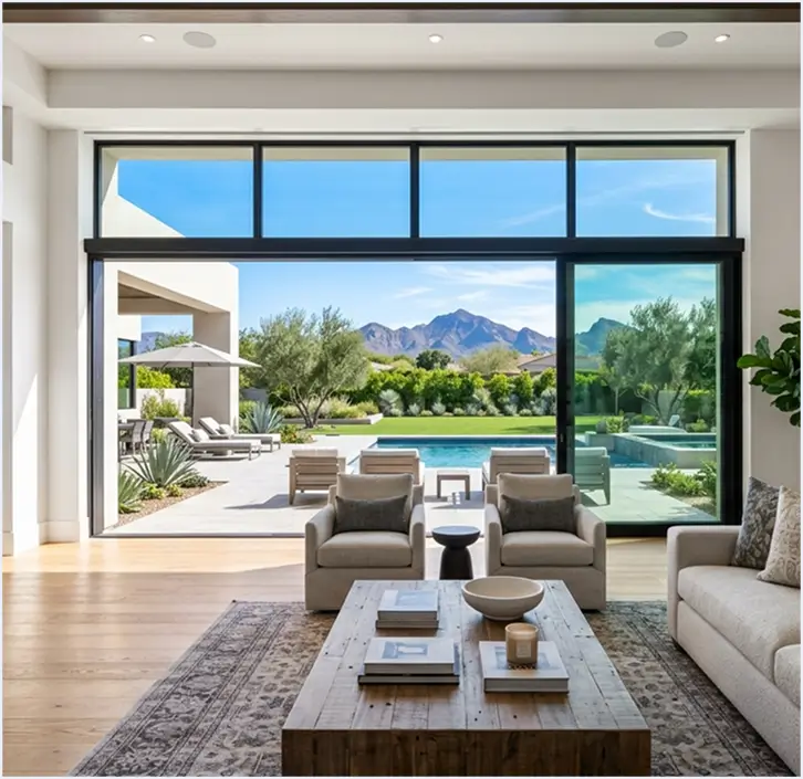 Living room with Vitreonix glass doors opening to a pool and desert mountain views