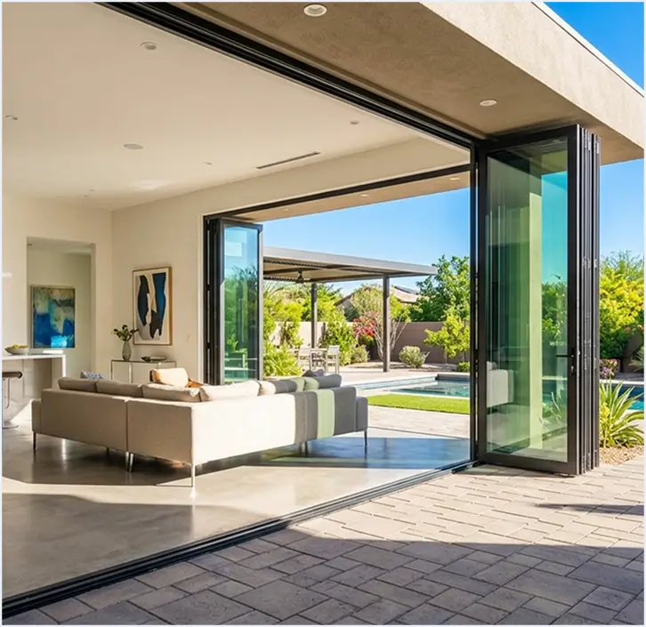 Living room with open Vitreonix folding glass doors leading to a pool patio