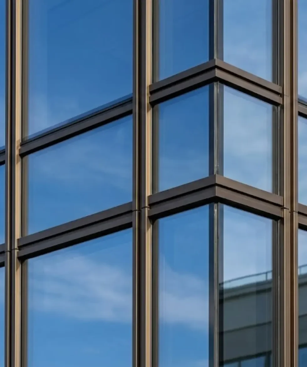 Glass curtain wall on a commercial building